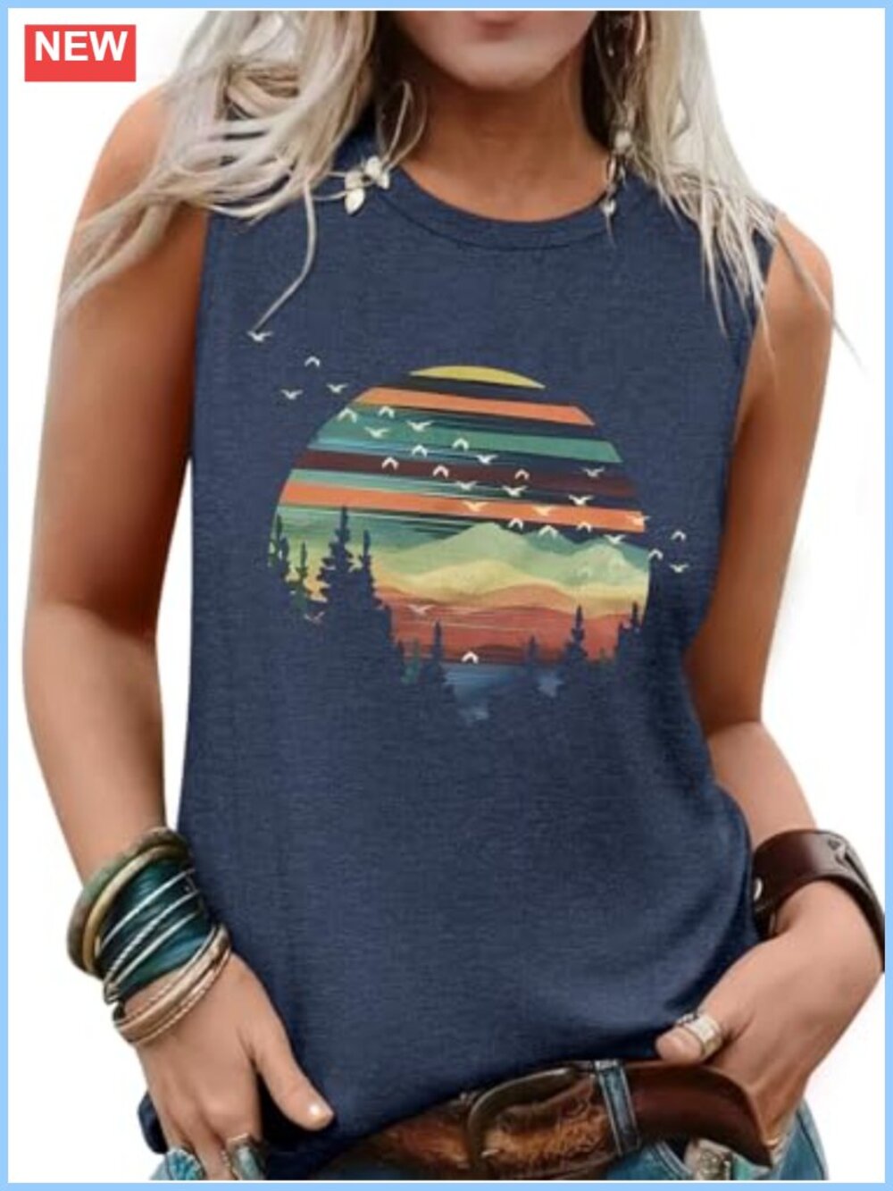 Sleeveless Graphic Tank Top Loose Fit Crewneck Summer Casual Blouse